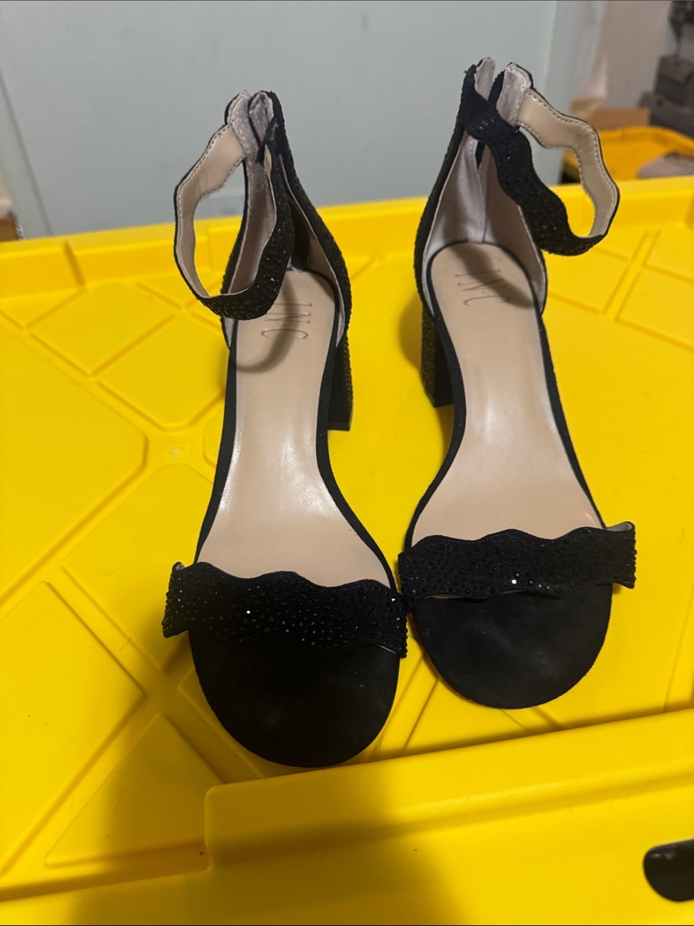 INC International Concepts Black Scalloped Ankle-Strap Block Heels
